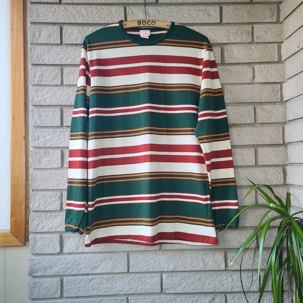 Vintage 'California Styled' green/red/tan striped long-sleeve shirt men's L